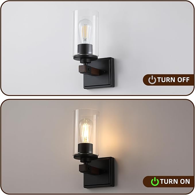 Wall Sconces Set of 2, Farmhouse Rustic Vanity Lights, Dark Brown Wood Grain Rustic Wall Sconce with Clear Glass Shade for Mirror, Bathroom, Bedroom, Hallway, E26, Hardwired(Bulbs Not Included)