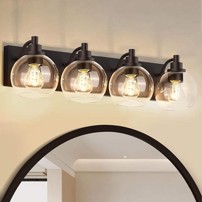 IZORRO Bathroom Light Fixtures, 4 Light Oil Rubbed Bronze Vanity Light, Modern Wall Sconces with Globe Clear Glass Shade, Vanity Lighting Fixtures Over Mirror,E26 Bulb Socket