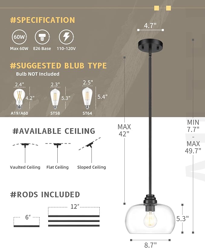 AUTELO Black Pendant Lights Kitchen Island, 1-Light Pendant Lights in Black Finish with Clear Glass, Modern Pendant Light Fixtures, Hanging Lamp for Kitchen Island H9385 BK-R