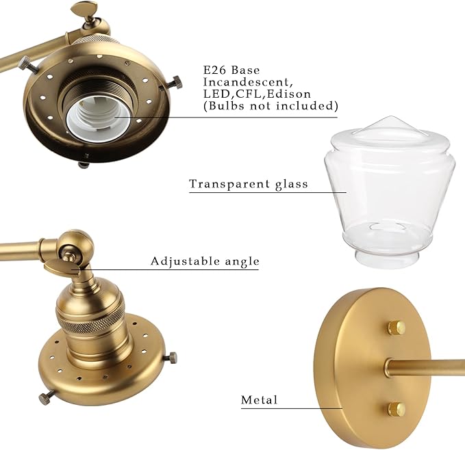 Phansthy Wall Sconces Light Fixture Industrial Wall Lamp, 180 Degree Adjustable Bathroom Vanity Light, Wall Light with Glass Shade Wall Decorative Lighting for Kitchen Living Room Hallway (Antique)