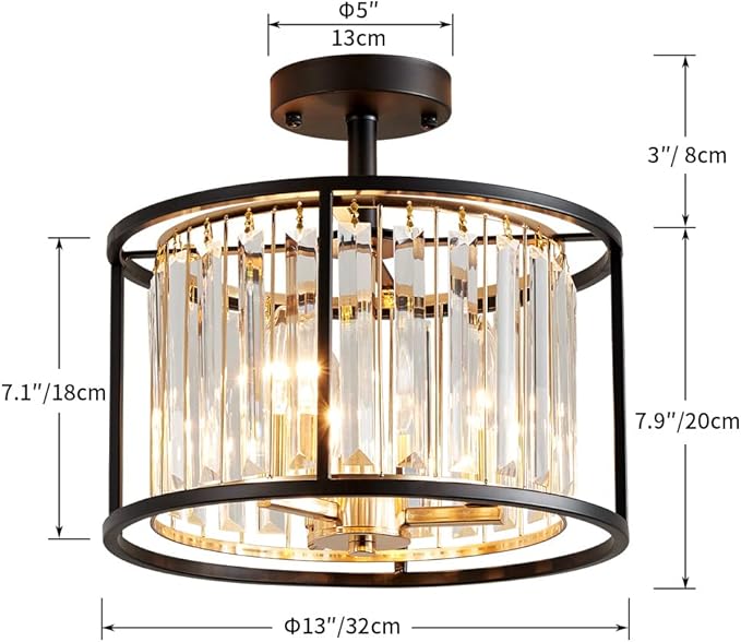 AGV LIGHTING CL005BB K9 Crystal Semi Flush Mount Ceiling Light Fixture, Modern Design, E12 Base 3-Lights, D13 x H15, Shinny Gold & Matte Black Finish Metal Frame