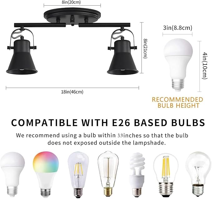 KEESFU 2-Light Track Lighting Kit,Black Semi Flush Mount Ceiling Light with 2 Rotatable Light Heads,Industrial Accent for Livingroom,Bathroom,Hallway,Art Wall,Bathroom,Kitchen.(2-Light)