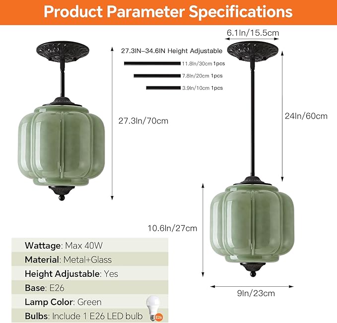 Milk Glass Pendant Light, 9 Inch Green 3 Color Adjustable Mid-Century Ceiling Light Fixture Schoolhouse Hanging Lamp Chandelier for Kitchen Dining Room Hallway Bedroom (Bulbs Included)
