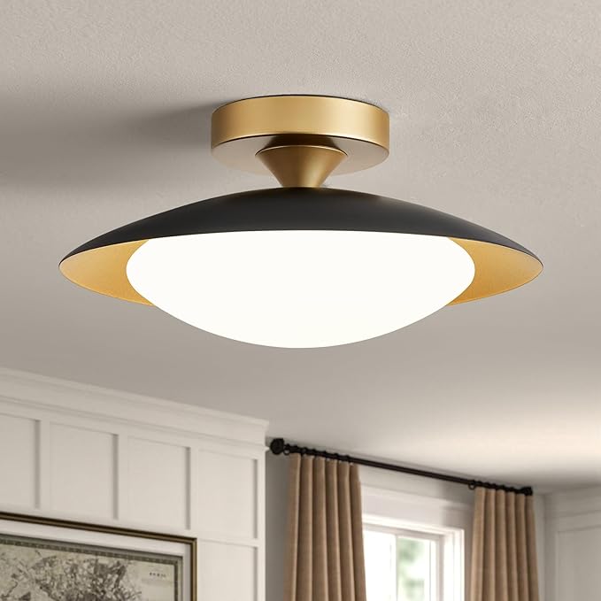 Dimmable Modern Semi Flush Mount Ceiling Light Fixture,Small Black and Gold LED Glass Shade Kitchen Ceiling Lights,5CCT In One Light Fxiture for Hallway Entryway Bedroom Laundry Room Foyer(11.81in)