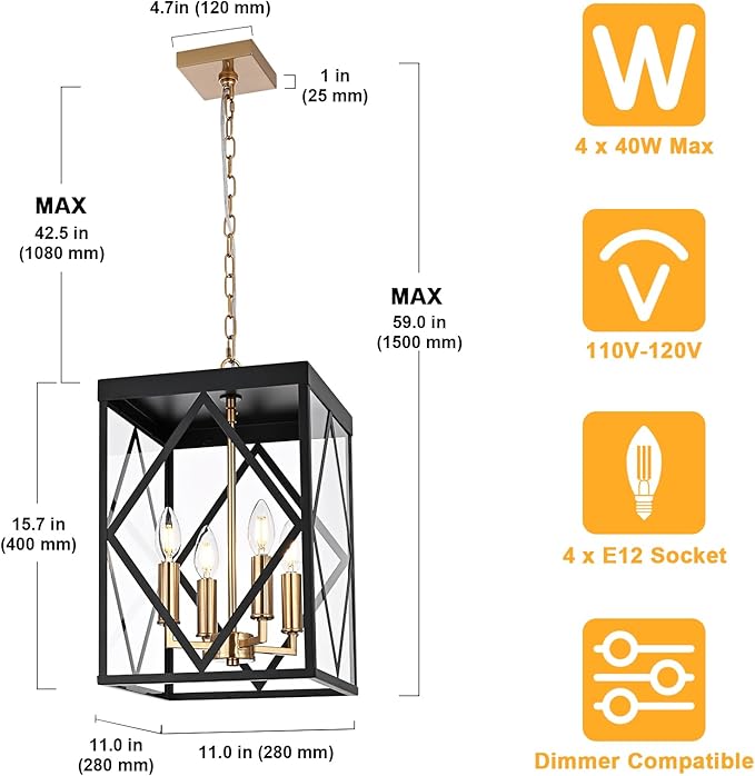 4-Light Outdoor Pendant Lights for Porch 15.7'' Outdoor Chandelier Black & Brushed Brass Exterior Hanging Porch Light Fixtures w/Clear Glass, Waterproof Outside Pendant Lantern for Front Door