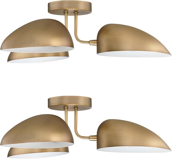 Nathan James Argo Semi Mount Flush Ceiling Light, 3-Lights Modern Retro Lighting with Black Rounded Shades for Hallway, Dining Room and Bedroom, Vintaged Brass