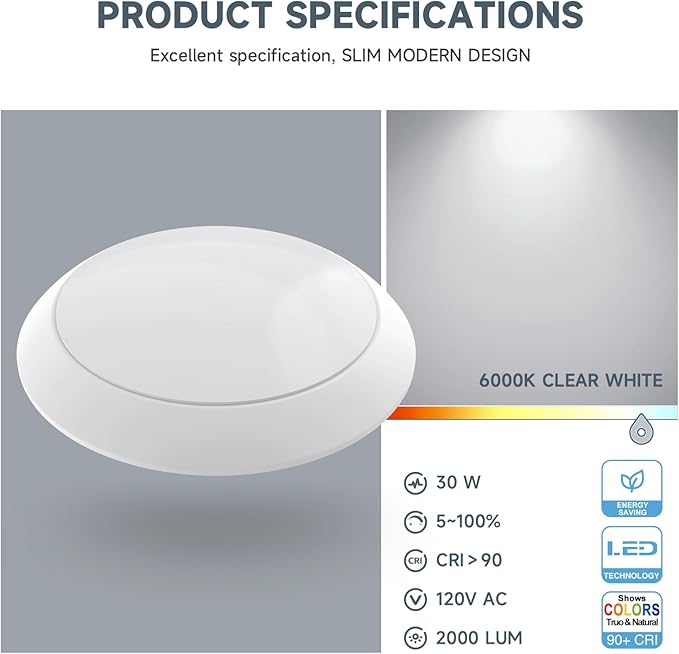 ECOELER 8 Inch LED Flush Mount Ceiling Light Fixture, Aluminum Baffle Trim, 30W 6000K Clear White 2000Lm Dimmable LED Disk Light, ETL & FCC Listed