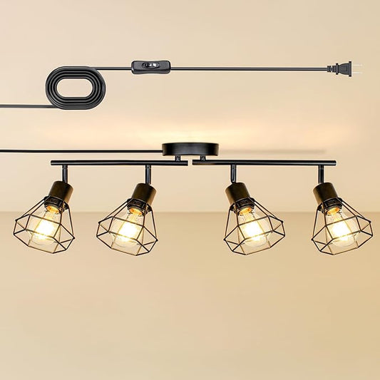 LTBLIGHT 4-Light Plug in Track Lighting with Power Cord, Plug in Ceiling Light with ON/Off Switch, LED Spotlight for Kitchen, Living Room, Artwork, E26 Base (Bulbs Not Included)