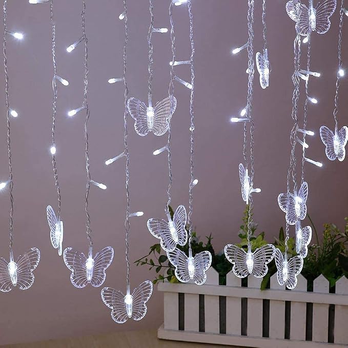 Curtain Butterfly String Light 20Ft 120LED Window USB Fairy Lights 24 Butterfly 8 Modes with Remote Control for Room Bedroom Patio Party Wedding Holiday Christmas Decoration (Cool White)