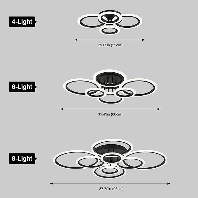 Vikaey Modern LED Flush Mount Ceiling Light, 8 Rings Black Close to Ceiling Light Fixtures, Living Room Lighting Ceiling Lamp for Dining Room, Bedroom, Kitchen, 4000K Not Dimmable