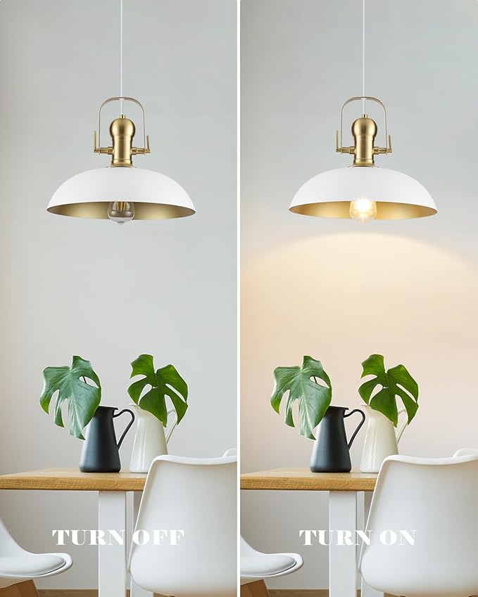 White and Gold Pendant Lights 2 Pack, 13.8 Inch White Farmhouse Pendant Light Kitchen Island, Industrial Pendant Lights, Island Pendant Lights for Kitchen Barn Hallway Porch Dining Room