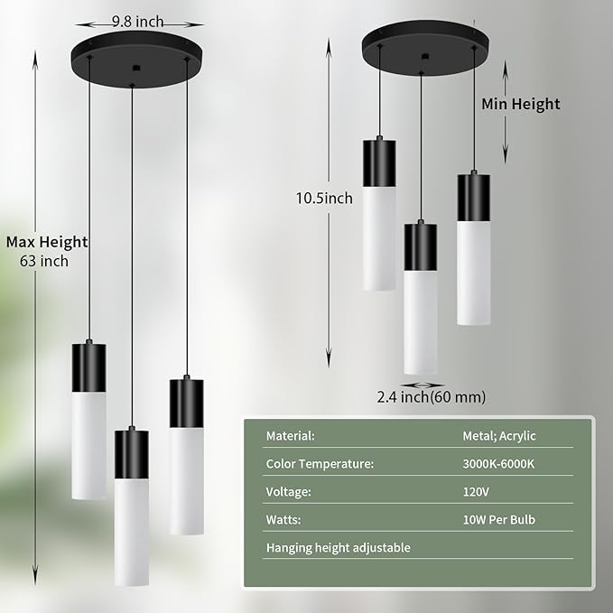 Cluster Black Pendant Lighting Fixture 3-Light Modern Hanging Dining Table Light with Milky White Lampshade LED Pendant Lights for Kitchen Island Dining Room Adjustable Height, 3000K-6000K