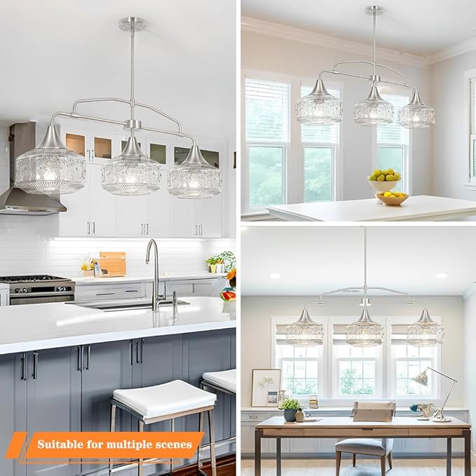 3-Light Island Light for Kitchen, Adjustable Farmhouse Kitchen Island Lighting with Clear Glass, Brushed Nickel Dining Room Light Fixture Over Table, Linear Chandelier Pendant Lighting over Sink