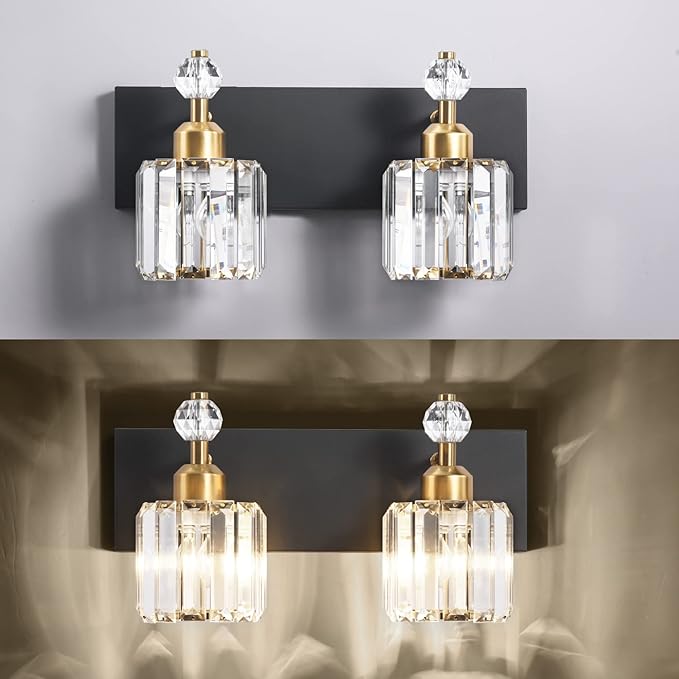 PRESDE 2-Crystal Bathroom Vanity Light Modern Black and Gold Bathroom Lights Fixtures Over Mirror Modern Bath Wall Lighting