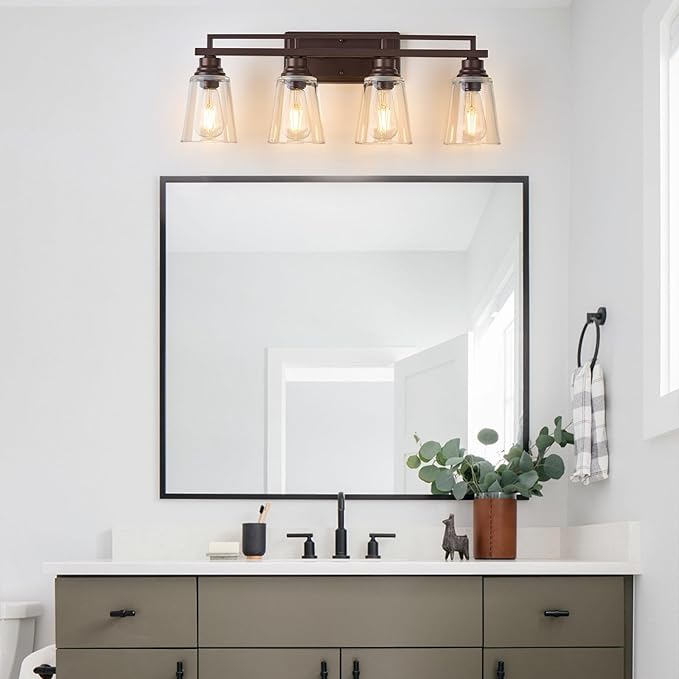 Refice 4-Light Bathroom Vanity Lights, Bathroom Light Fixtures with Clear Glass Shades, Vintage Oil Rubbed Bronze Wall Sconces Over Mirror for Living Room, Farmhouse, Hallway