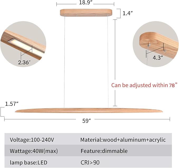 YISDESIGN 59" 40W Wood LED Linear Pendant Light Fixture Led Dining Room Light Dimmable Hanging Light Fixture for Dining Room Kitchen Island Pool Table Lights Natural Ash