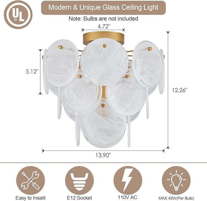 Modern Flush Mount Glass Ceiling Light, Gold Hallway Lights Vintage Chandelier, 4-Light Unique Light Fixture for Bedroom Entryway Loft Kitchen Laundry Bathroom Farmhouse