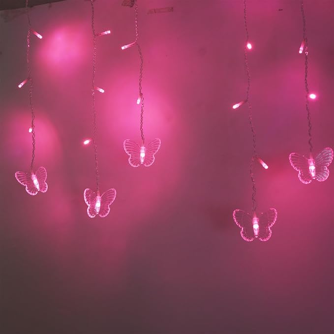 Butterfly Curtain Fairy Lights, 120LED Pink Twinkle String Lights with Romote, 8 Modes USB Powered Christmas Lights for Wedding, Bedroom, Party Decoration