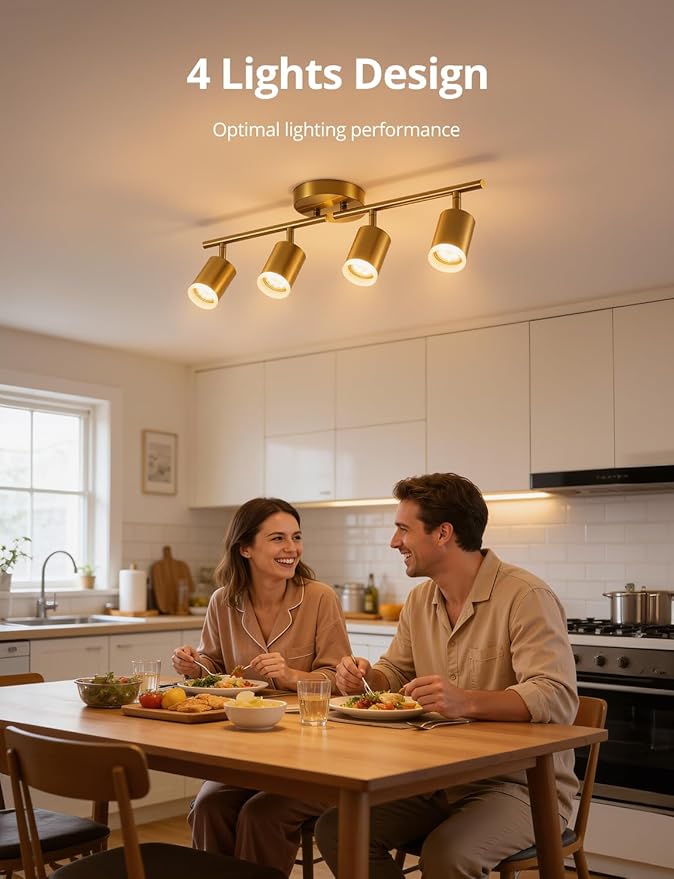 Bojim Track Lighting Fixtures Ceiling Mount for Kitchen, Gold 4 Way LED Spot Lights Indoor, Flexible Modern Track Light GU10 Socket for Dining Room, Bulbs Not Included