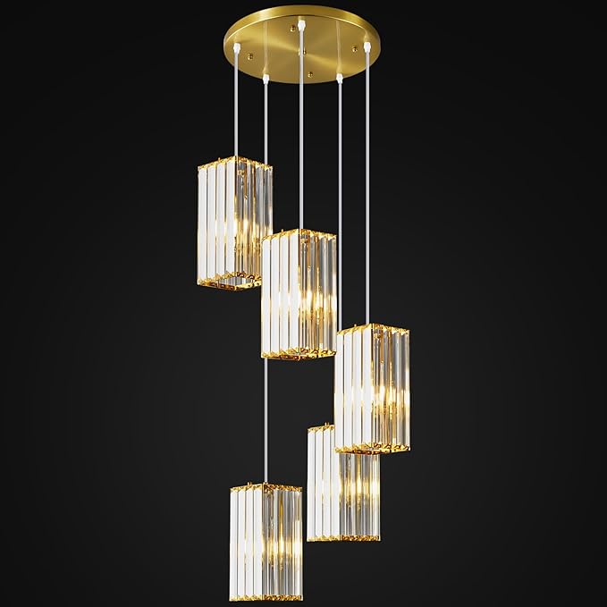 Modern Pendant Light Gold Rectangle Pendant Lighting Mini Crystal Chandeliers Adjustable Pendant Light Fixture for Kitchen Island Dinning Room Living Room Corridor Bedroom(Gold 5-Light)