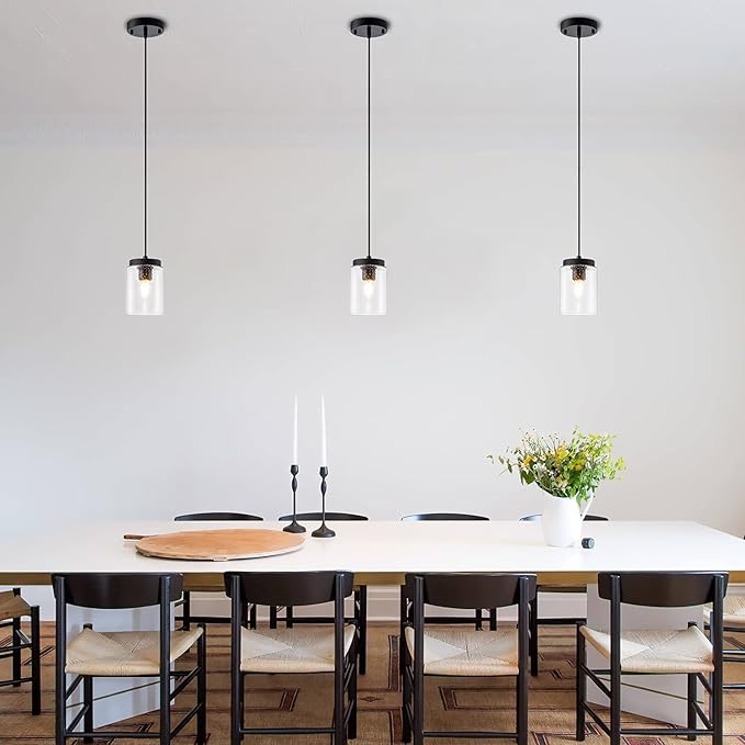 Industrial Mini Pendant Light Modern Bubble Seeded Glass Hanging Lighting Cylinder Adjustable Cord for Kitchen Island Dining Table Over Sink, Black, 1 Pack