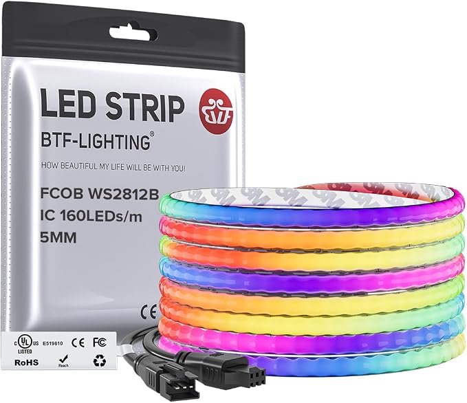 BTF-LIGHTING FCOB COB XGB1338(WS2812B) Individually Addressable IC RGB 160LED/m 800IC LED Strip DC5V 16.4FT 5mm Width Dream Chasing Color High Density Uniform Light(NO Adapter or Controller)