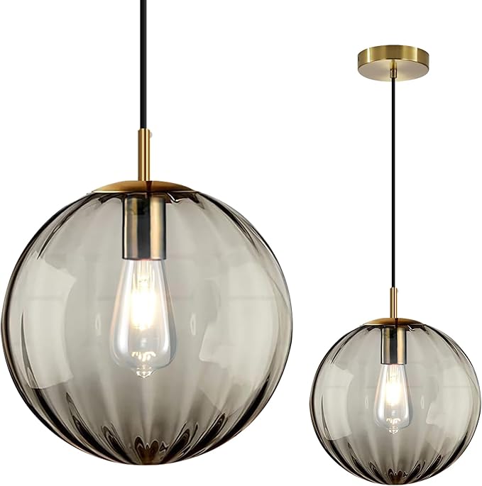 Modern Smoke Grey Glass Pendant Light, Kitchen Island Lighting Single Globe Pendant Light Fixtures Century Kitchen Island Pendant Lighting for Bedroom Living Dining Room Light Fixture （Without Bulb）