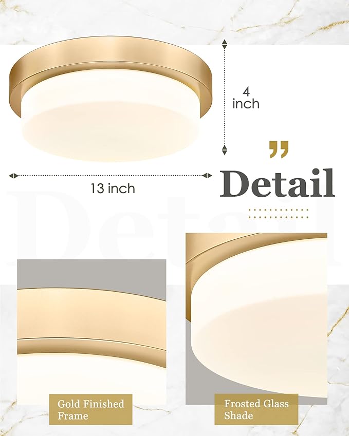 Gold Flush Mount Ceiling Light, 13inch Close to Ceiling Light Fixtures 24W 2200lm Dimmable 2700K/3000K/4000K/5000K/6000K Brass LED Ceiling Lamp for Bedroom Hallway Kitchen, AD-22008-L-GD