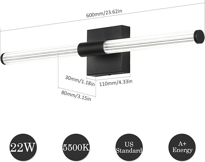Modern LED Vanity Light, 360° Full Lighting Bathroom Light Fixture Over Mirror, 22W 5500K Cool White, Hardwired Wall Sconce, 23.6 Inch, Black