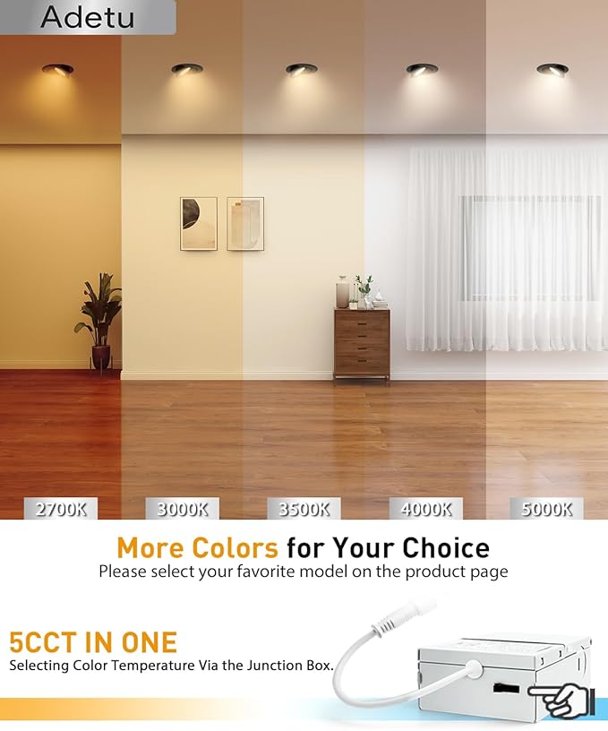 Adetu Recessed Lighting 6 inch, 360°+90° Adjustable Directional 6 inch 5CCT Gimbal Black Led Recessed Lighting, 2700K-5000K Dimmable Retrofit Eyeball Can Recessed Lights with Jbox, ET，Black (6 Pack