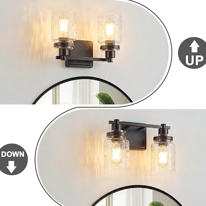 2 Lights Bathroom Light Fixtures Farmhouse Black Vanity Lights for Bathroom Lighting Fixtures Over Mirror with Hammered Glass Lampshade for Cabinet Mirror Bedroom Hallway