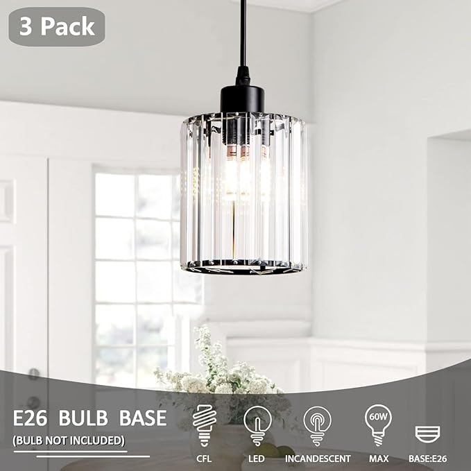3 Pack Black Pendant Light, Modern Crystal Mini Chandeliers Farmhouse Vintage Rustic Pendant Lighting Fixtures for Kitchen Island Dining Room Bedroom