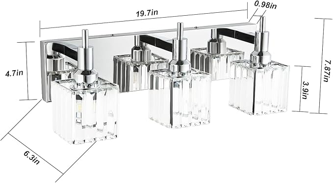 Modern Crystal Bathroom Vanity Light 3-Light Wall Light Fixtures Over Mirror Chrome Vanity Lighting for Bathroom Square Shade Wall Sconce