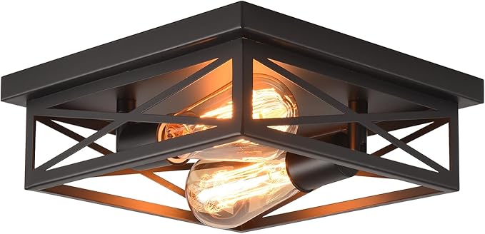 Black Flush Mount Ceiling Light,Hallway Light Ceiling Mount,Industrial Vintage Metal Cage Close to Ceiling Lights for Kitchen,Farmhouse,Bedroom