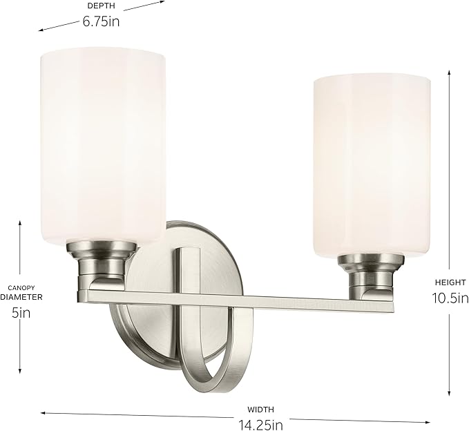 Kichler Gioe 14.25" 2-Light Vanity Light with Opal Glass in Brushed Nickel, Damp Rated, for Bathroom, Powder Room, Over a Mirror, (14.25" W x 10.5" H), 55225NI