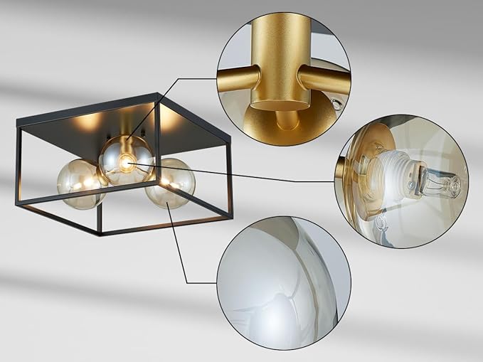 AGV LIGHTING Flush Mount Ceiling Light Fixture Black and Brass Gold with Amber Glass Bubble Shades 3-Light Industrial Modern Ceiling Lamp for Bedroom Kitchen Living Room Dining Room
