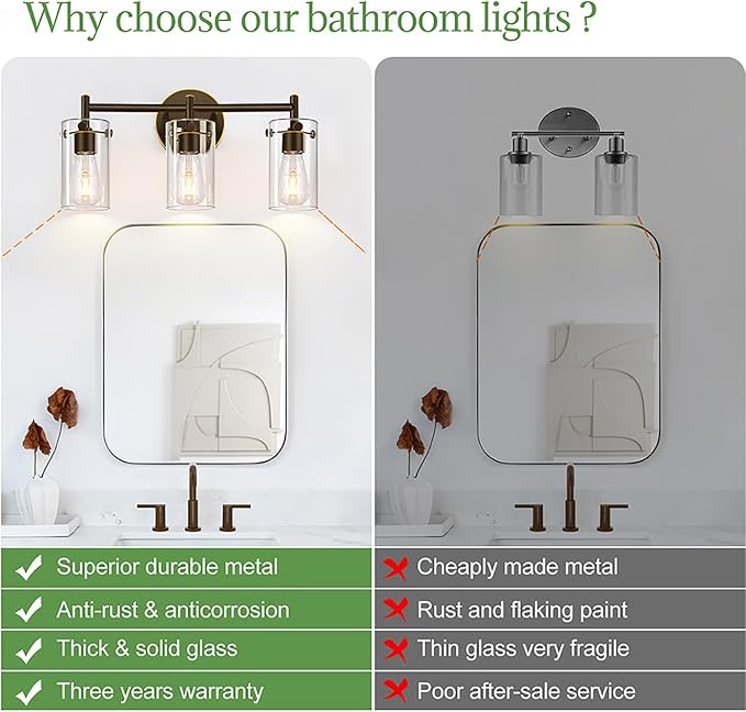 Indoi 3-Light Bathroom Light Fixtures 2023 Upgrade, Oil-Rubbed Bronze Modern Vanity Lights with Clear Glass Shade, Bathroom Wall Sconces for Mirror Bedroom Living Room Cabinet