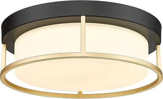 LED Modern Ceiling Light Fixture, 12 Inch 24W 1100Lumens Flush Mount Ceiling Lamp, Dimmable 3000K Matte Black Finish Gold Metal Frame with Frosted Glass Cover Close to Ceiling Light