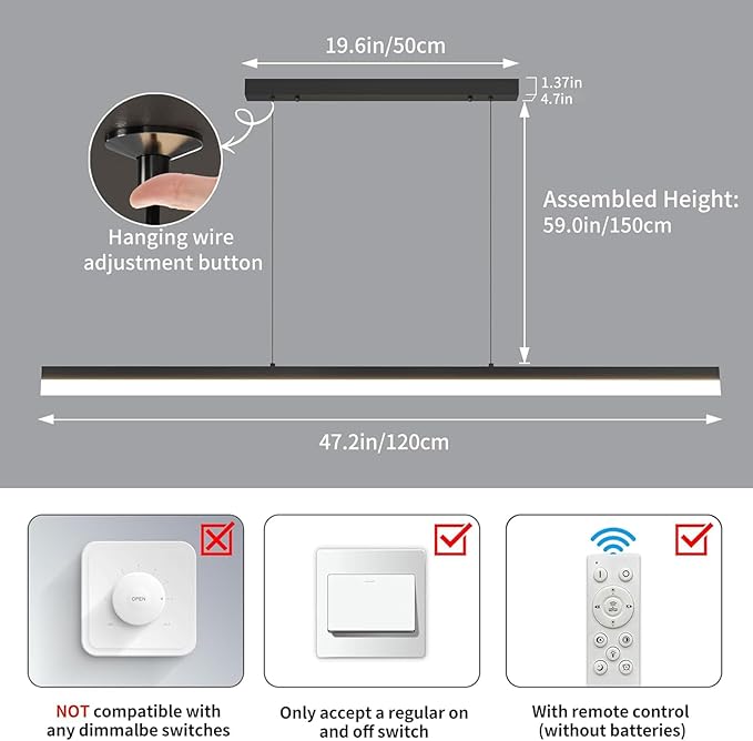 Modern Linear Pendant Light, 47IN Modern Chandelier with Remote Control 3000k-6500K Adjustable Color Temperature, Aluminum Island Lighting Lamp for Dining Room, Living Room