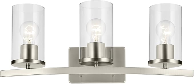 Kichler Crosby 23" 3-Light Bathroom Vanity Light Fixture with Clear Glass in Brushed Nickel for Powder Room and Mirror Lighting, Modern Wall Light (23" x 8.75"), 45497NICLR