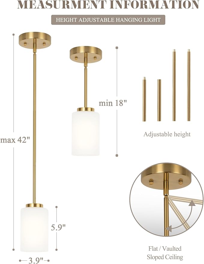 3 Pack Pendant Light Fixtures, Kitchen Island Hanging Lights with Adjustable Rods with White Frosted Glass Shade, Gold Color Ceiling Lamp Mini Pendant Lights for Bedroom Living Room