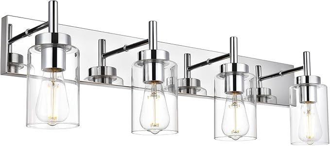 VINLUZ Modern Bathroom Lighting with Clear Glass Shade 4-Light Vanity Light Fixtures Chrome Finished Industrial Wall Light Sconces for Bedroom Hallway (Patent No.: US D958,438 S)