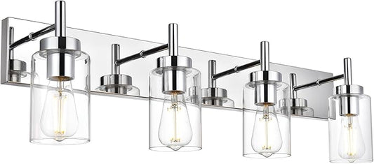 VINLUZ Modern Bathroom Lighting with Clear Glass Shade 4-Light Vanity Light Fixtures Chrome Finished Industrial Wall Light Sconces for Bedroom Hallway (Patent No.: US D958,438 S)