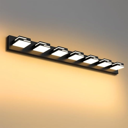 LED Modern Bathroom Vanity Light Fixtures 7-Light 48-inch 5CCT Dimmable Matte Black Vanity Lights for Bathroom Lighting Fixtures Over Mirror, with 360° Rotatable Acrylic Heads
