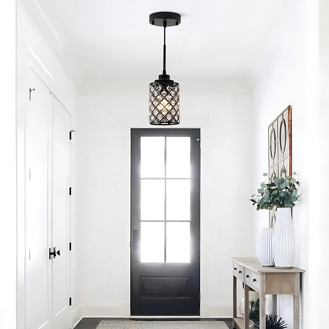Small Pendant Light Fixtures,3-Pack Modern Pendant Lights Kitchen Island,Black Matte Finish Hanging Lighting K9 Crystal Mini Chandelier for Dining Room,Hallway,Bedroom,Foyer（3 Pack