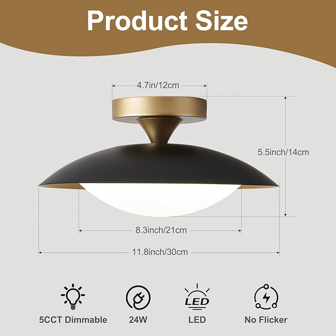 Small Dimmable Mid Century Modern Ceiling Light,5CCT LED Black Gold Semi Flush Mount Ceiling Lamp,for Hallway Entryway Bedroom Laundry Room Kitchen Light Fixture 2700K-6000K,11.81 in