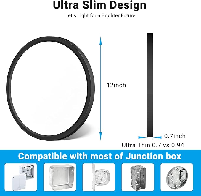 LED Flush Mount Ceiling Light,12Inch 24W,3000K/3500K/4000K/5000K/6500K 5 Color Temperatures Ceiling Light Fixture for Kitchen Porch Hallway Bedroom Bathroom and Closet,Black
