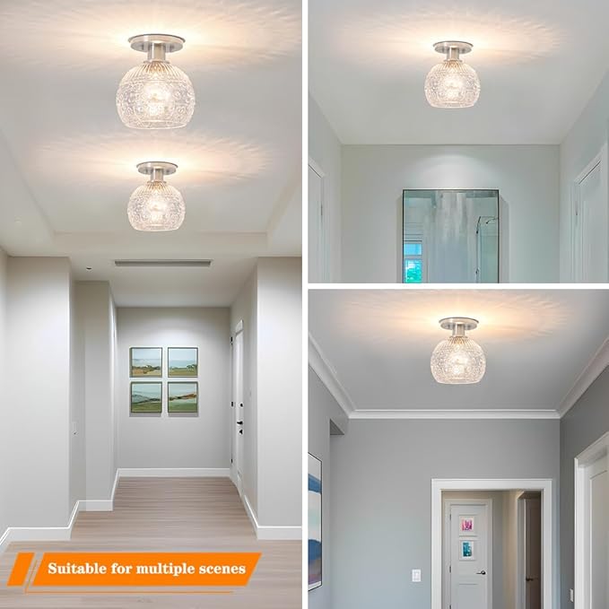 7.09in Brushed Nickel Semi Flush Mount Ceiling Light, Small Vintage Flush Mount Ceiling Light with Globe Glass, Close to Ceiling Lights for Hallway Porch Bedroom, Bulbs Not Included