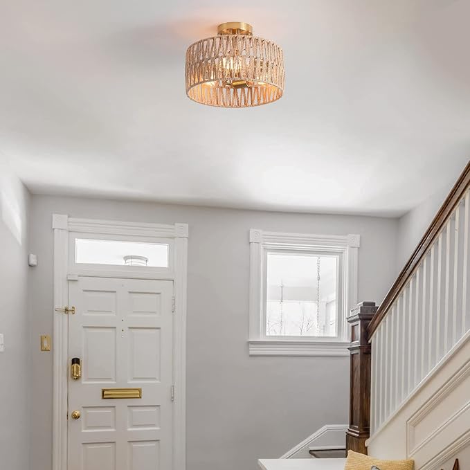 3-Light Antique Gold Woven Flush Mount Light Fixture Rustic Coastal Hemp Rope Brass Semi Flush Mount Ceiling Light for Hallway Bedroom Kitchen Entryway Farmhouse Living Room