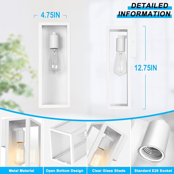 VerRon 2-Pack Outdoor Wall Lanterns, Exterior Waterproof Wall Sconce with Glass Shades, White Porch Lights Mounted, Anti-Rust E26 Modern Lighting Fixtures for Patio Garage Entryway Front Door